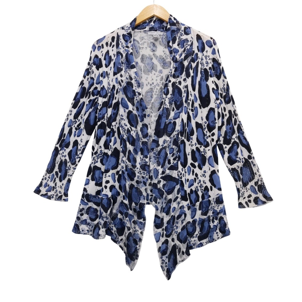 Alberto Makali Cardigan Sz Large Blue Leopard Open Front Silk Blend Waterfall